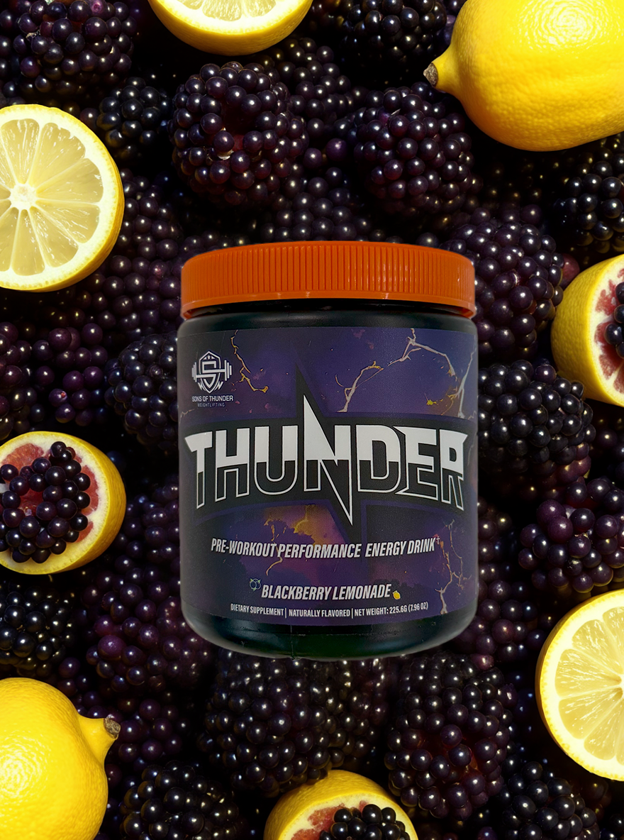 Thunder blackberry lemonade pre-workout performance energy drink container surrounded by blackberries and lemons